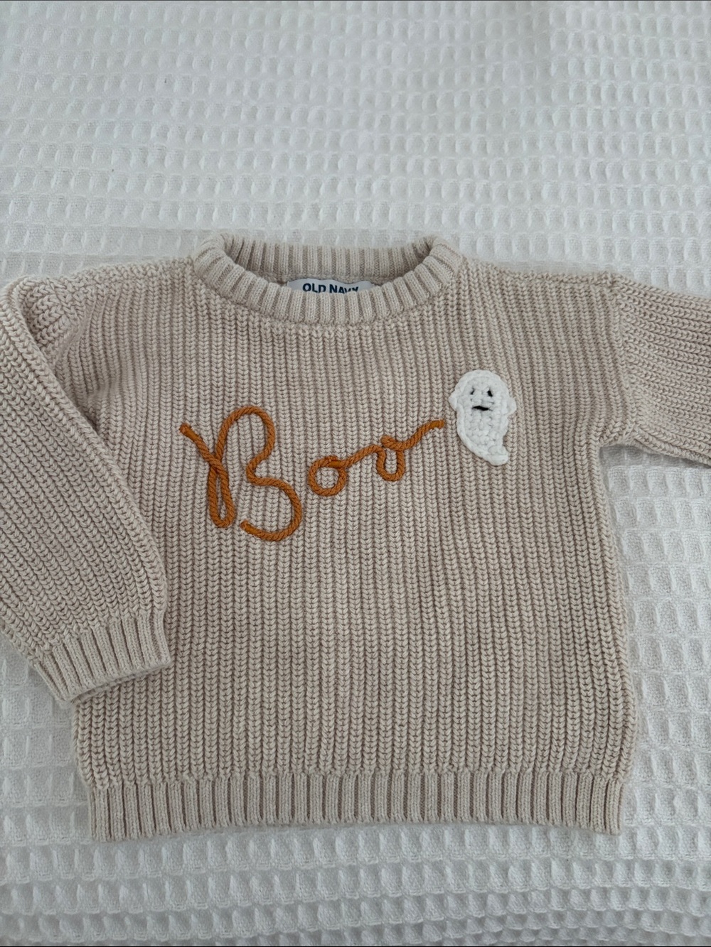 Old Navy Beige Knit Sweater with Orange 'Boo' and White Ghost